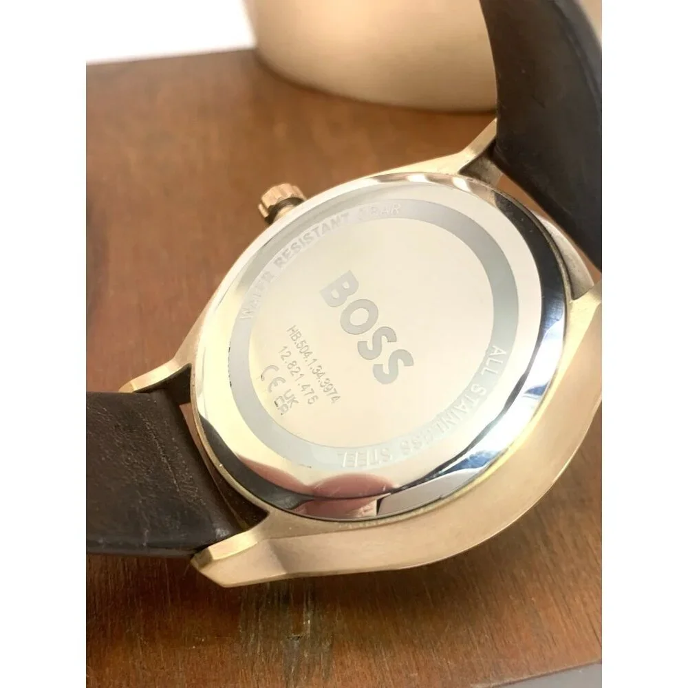 Hugo Boss Mens Watch 1514103 Tyler Quartz Rose Gold Blue Dial Brown Leather 43mm
